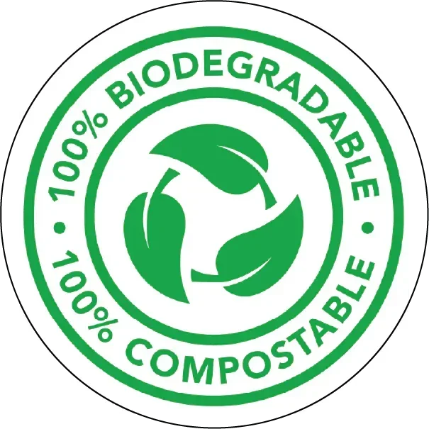 Green circular eco label with 100% biodegradable and 100% compostable leaf icon