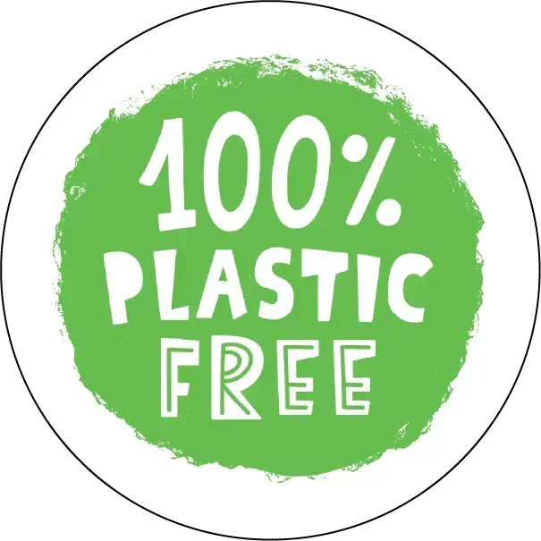 Green circle with '100% Plastic Free' text on a white background