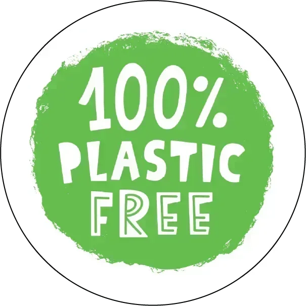 Green circle with '100% Plastic Free' text on a white background