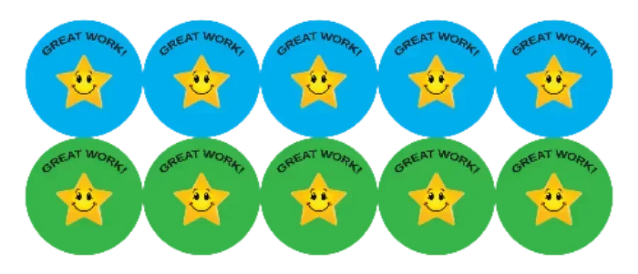 Set of blue and green stickers with smiling stars and 'Great Work!' text.