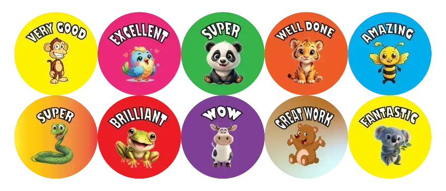 Set of colorful stickers with animal characters and encouraging phrases
