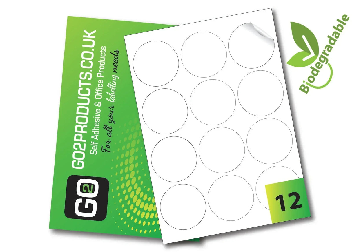 Biodegradable 64mm round white label stickers on A4 sheet, eco-friendly, 12 per sheet