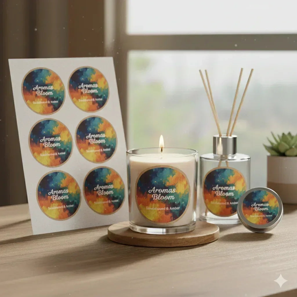 our brown kraft labels being used for a candle, diffuser and balm.