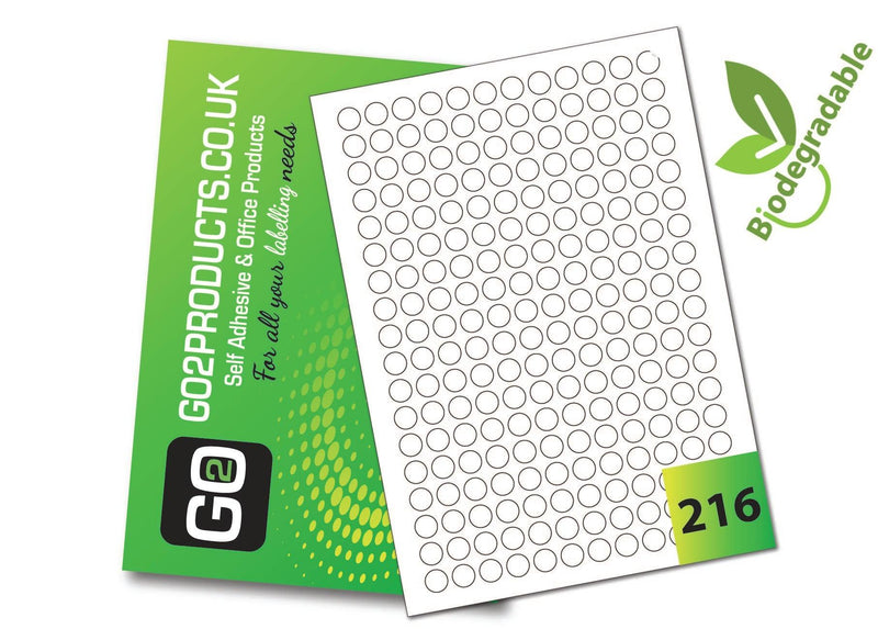 216 Eco-Friendly Round Biodegradable premium sticky labels with a permanent adhesive, suitable for Inkjet & Laser printers, photocopiers or handwriting. 