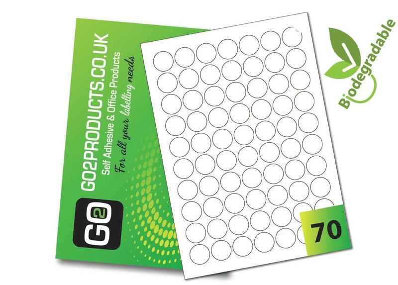 70 Eco-Friendly Round Biodegradable premium sticky labels with a permanent adhesive, suitable for Inkjet & Laser printers, photocopiers or handwriting. 