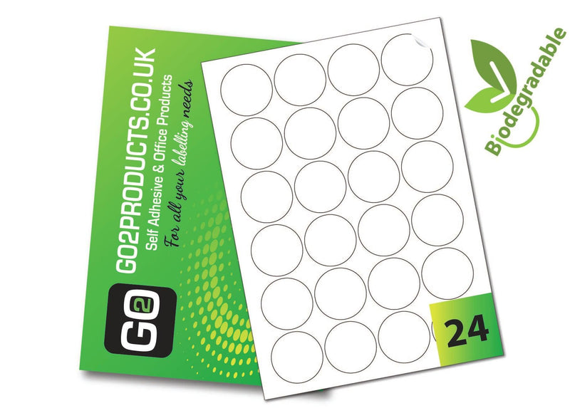 24 Eco-Friendly Round Biodegradable premium sticky labels with a permanent adhesive, suitable for Inkjet & Laser printers, photocopiers or handwriting. 
