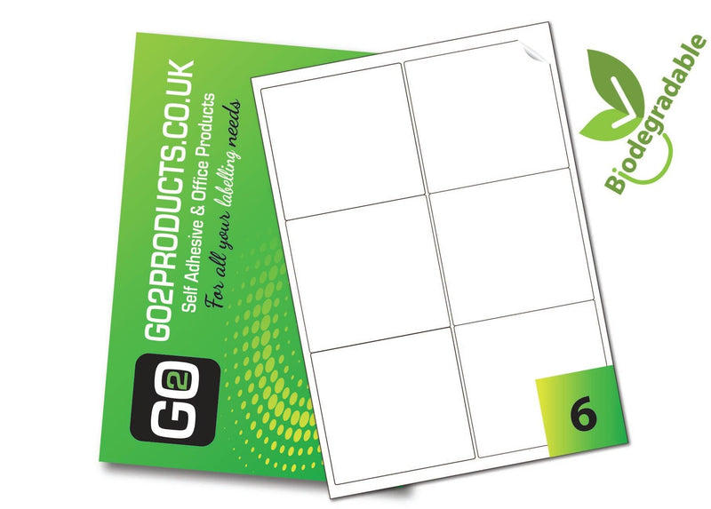 6 Eco-Friendly Biodegradable premium sticky labels with a permanent adhesive, suitable for Inkjet & Laser printers, photocopiers or handwriting. 