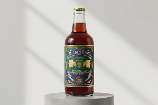 Close-up of a craft beer bottle featuring a premium foiled and textured label design.