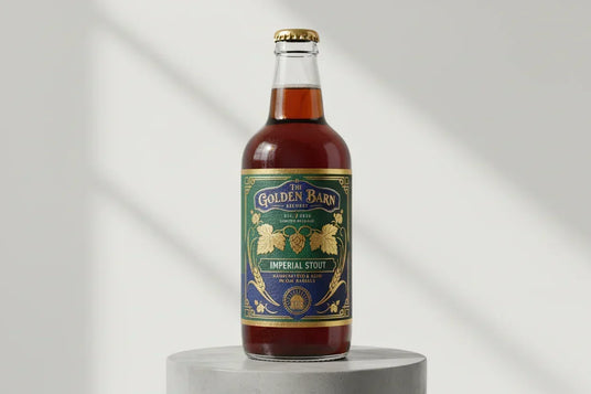 Close-up of a craft beer bottle featuring a premium foiled and textured label design.