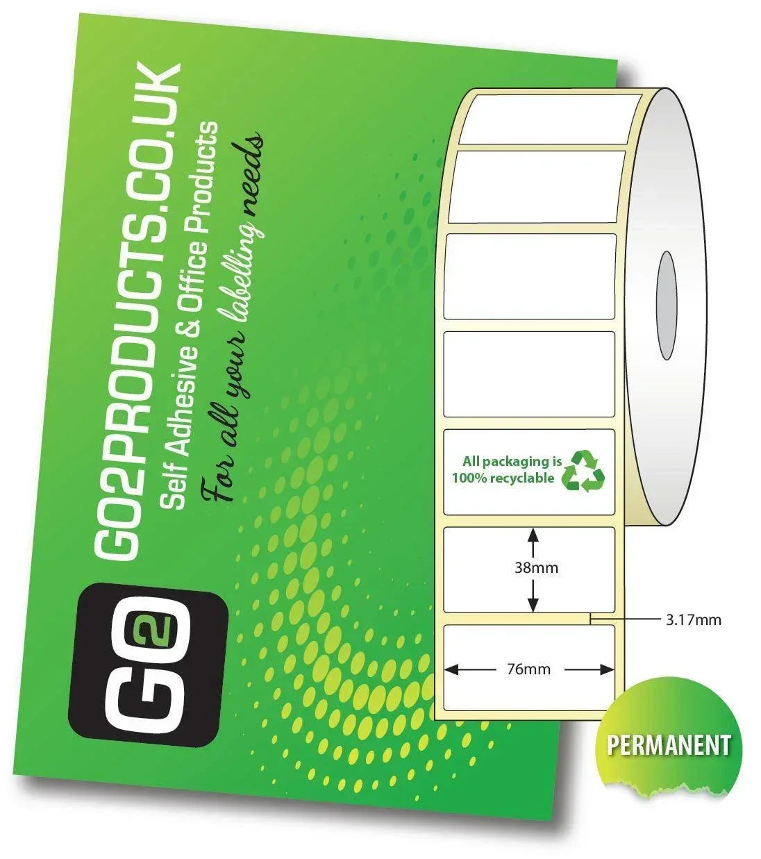76mm x 38mm Direct Thermal Roll Labels | 25mm Core 32,000 Labels - Go2products