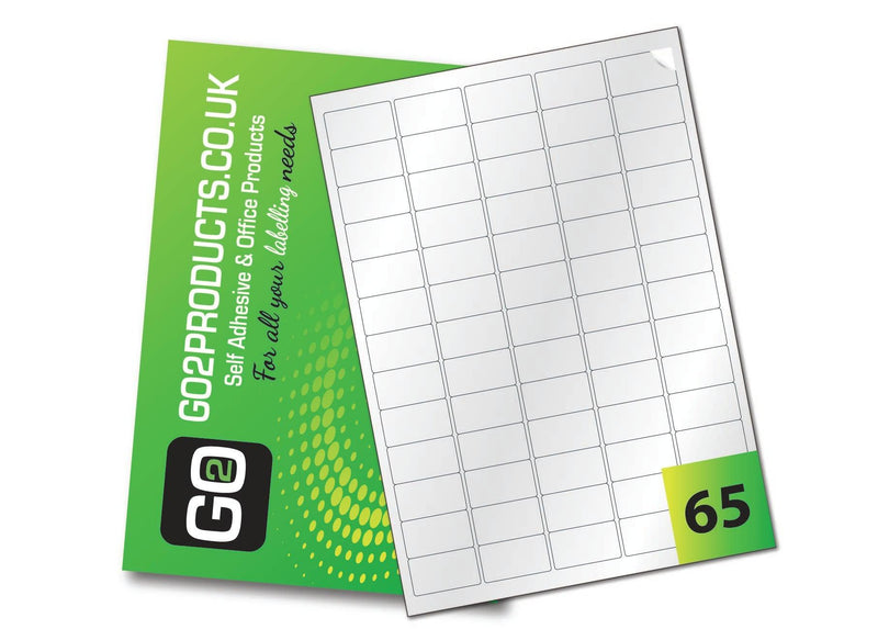 65 Gloss white laser labels per sheet with a permanent adhesive, suitable for laser printers, photocopying or handwriting.