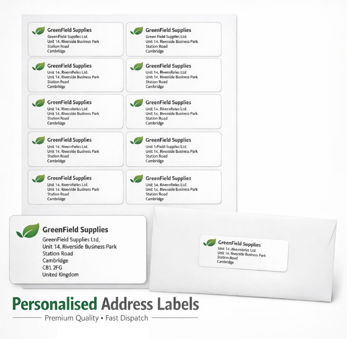 Sheet of personalized address labels with GreenField Supplies branding on a white background.