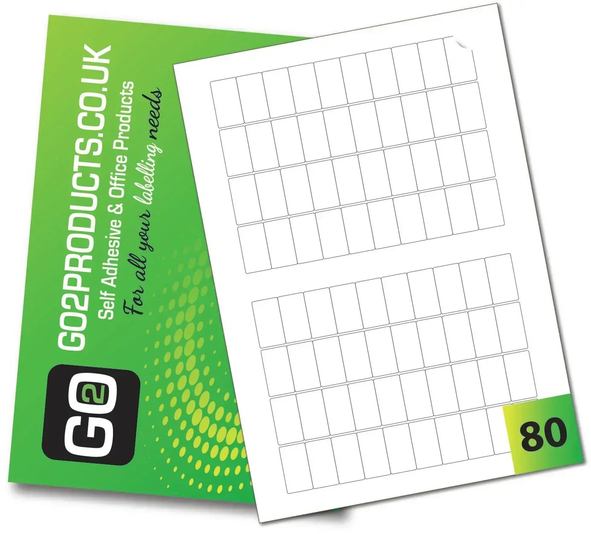 SRA3 sheet with 80 rectangular adhesive labels, grid layout, green background