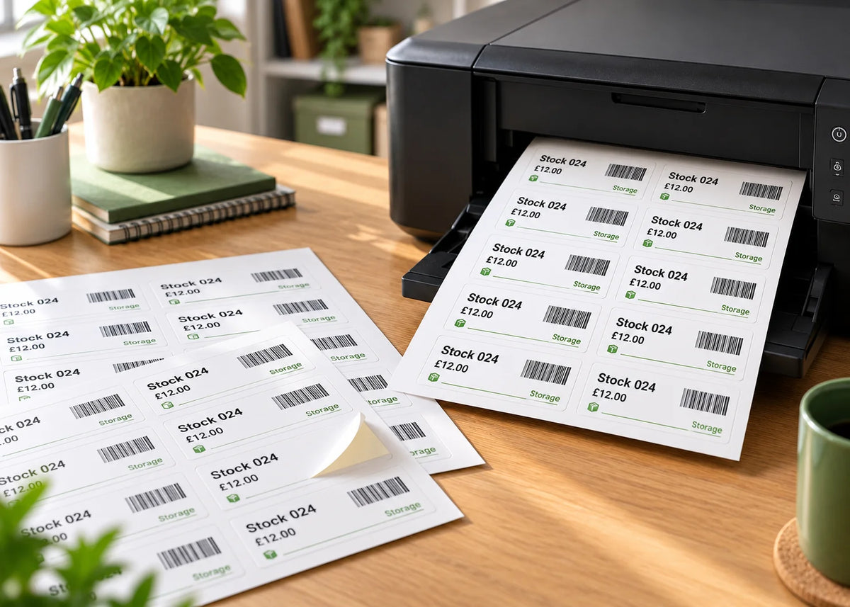 A4 printable white rectangular paper labels with stock codes, prices and barcodes being printed on an office printer, alongside adhesive label sheets.