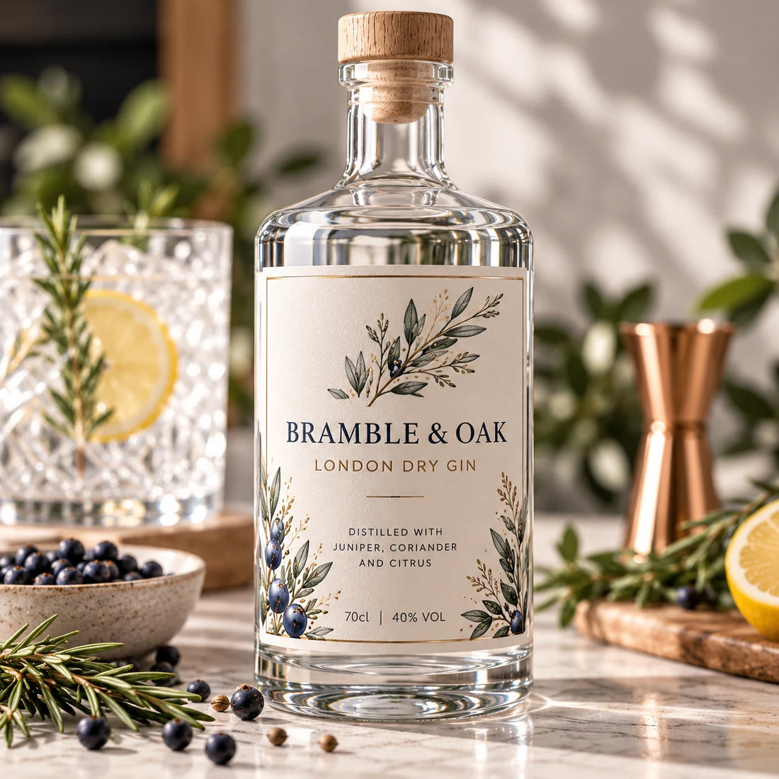 Premium gin bottle with professionally designed front label
