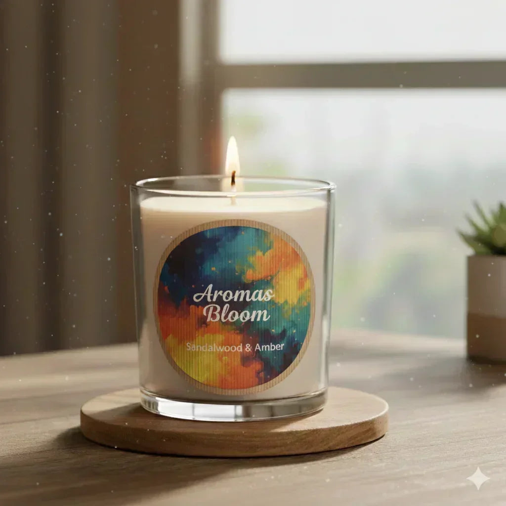 Candle on a wooden coaster in a softly blurred roomsetting - printed using one of our brwon kraft labels.