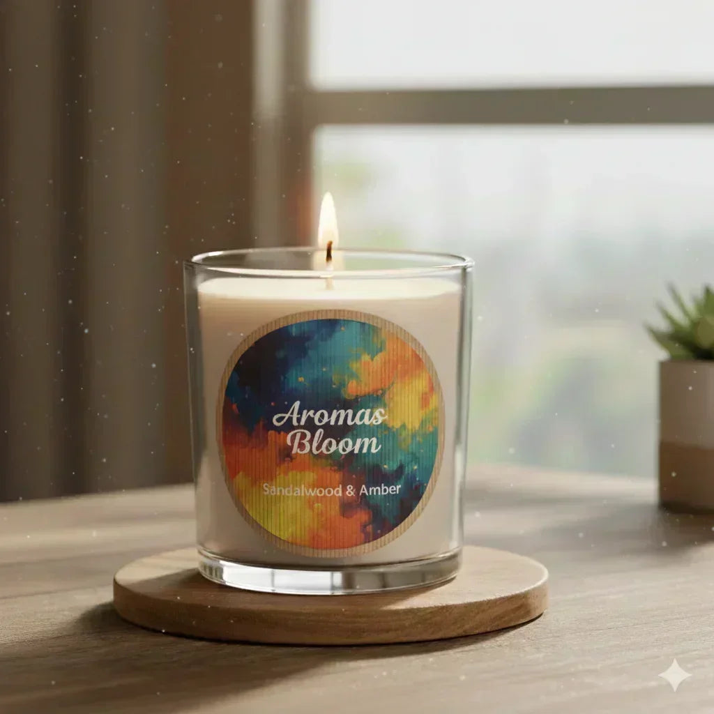 Candle on a wooden coaster in a softly blurred roomsetting - printed using one of our brwon kraft labels.