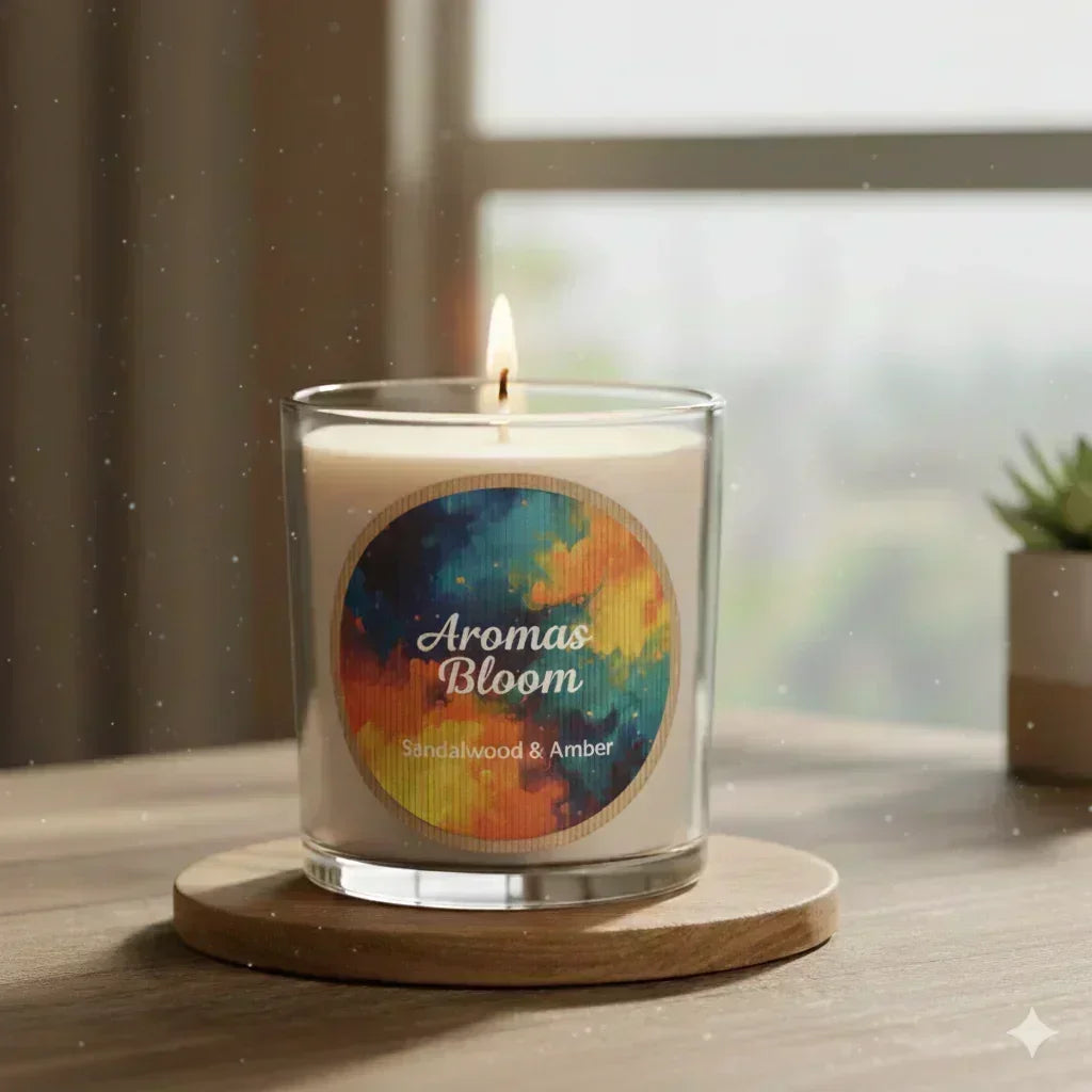Candle on a wooden coaster in a softly blurred roomsetting - printed using one of our brwon kraft labels.