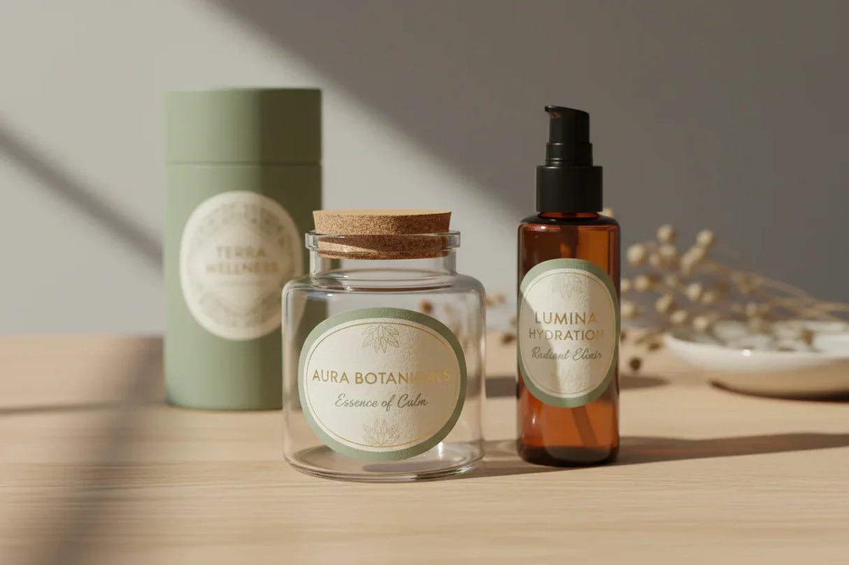 High-quality oval product labels on glass jar, pump bottle, and paper tube on a wooden surface