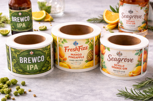 Custom drinks label rolls for bottles and cans featuring craft beer IPA, mango pineapple juice and orange gin designs