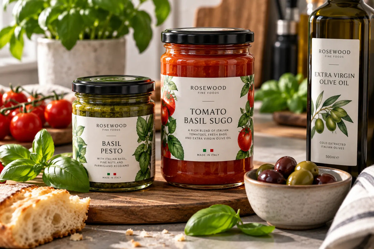 Premium printed food labels on pasta sauce, pesto and olive oil packaging