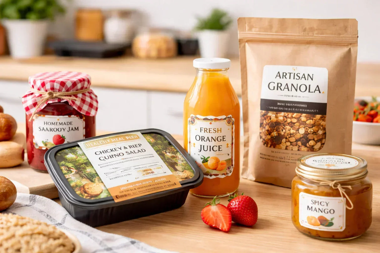 Assorted groceries including granola, juice, and salad on a kitchen counter.