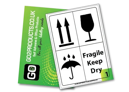Fragile keep dry label with glass, arrows, and umbrella symbols for shipping and packaging