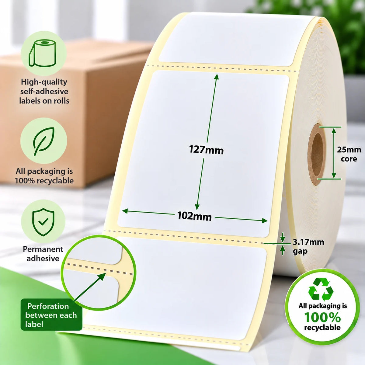102mm x 127mm direct thermal labels on a roll with 25mm core, 3.17mm gap, perforation between each label and permanent adhesive.