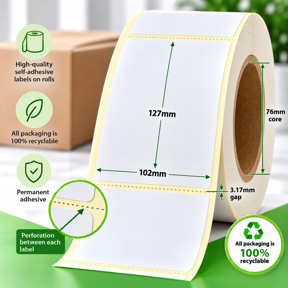 102mm x 127mm direct thermal labels on a roll with 76mm core, 3.17mm gap, perforation between each label and permanent adhesive.