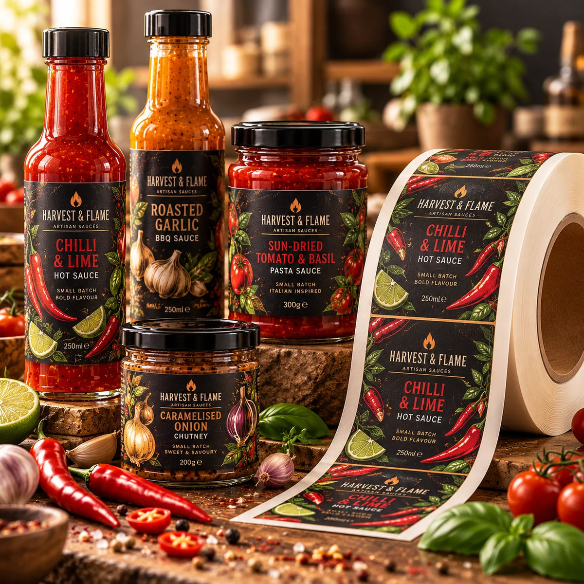 Premium custom printed sauce labels on rolls, featuring Harvest & Flame chilli sauce, roasted garlic BBQ sauce, tomato and basil pasta sauce, and caramelised onion chutney bottles and jars with matching black botanical labels.