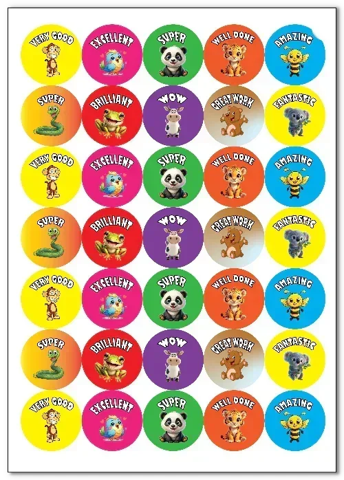 primary school animal reward stickers, 37mm printed on a high gloss white recycled paper.