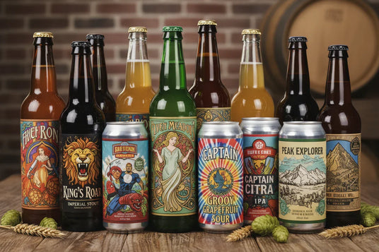 mix of craft beer bottles and canned drinks featuring high-quality custom labels.