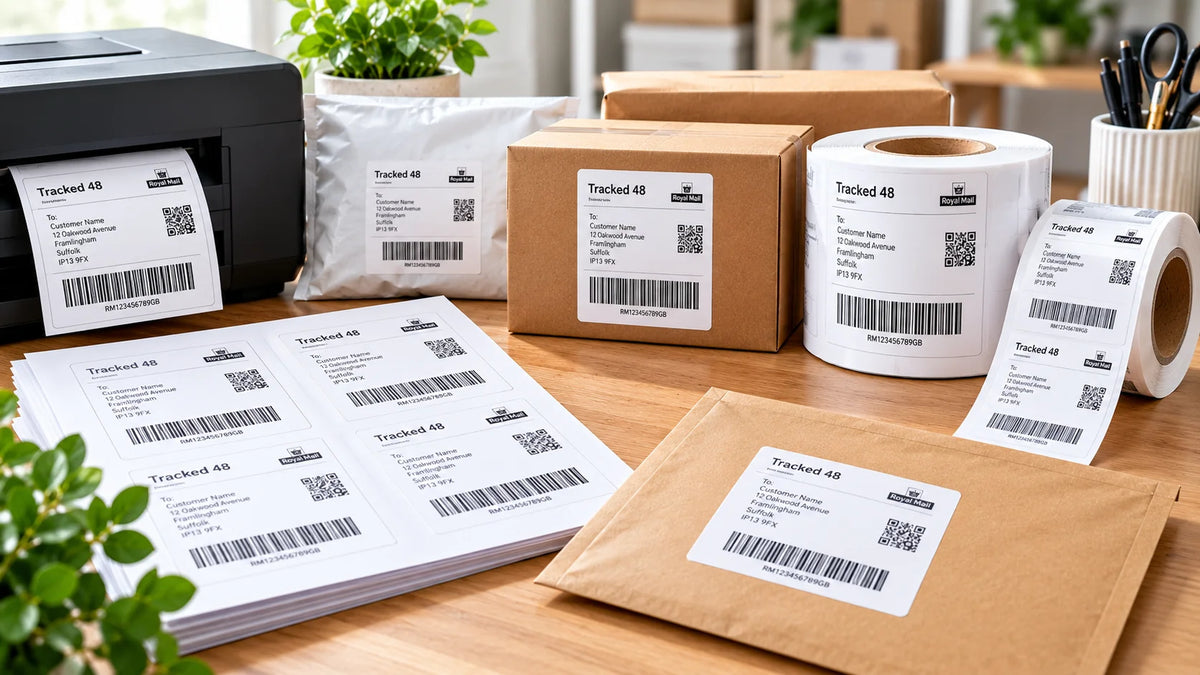 Parcel and shipping labels on A4 sheets and thermal label rolls, featuring printed barcodes and delivery labels alongside cardboard parcels and a printer.
