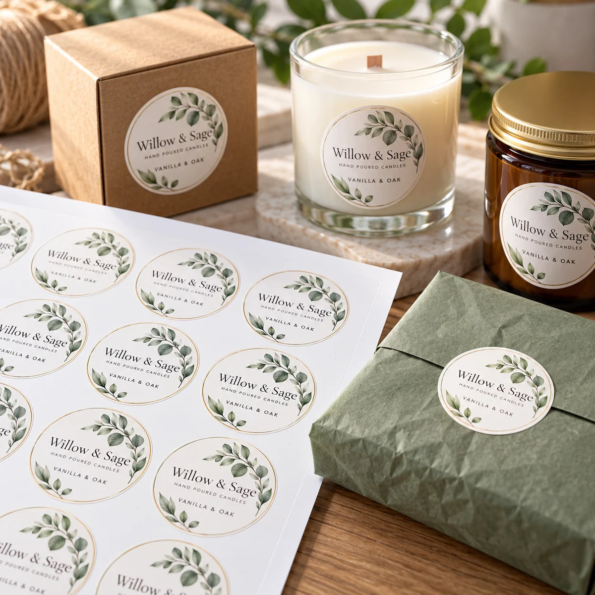 Personalised premium round labels printed on sheets, shown applied to candle jars, product boxes and gift packaging.
