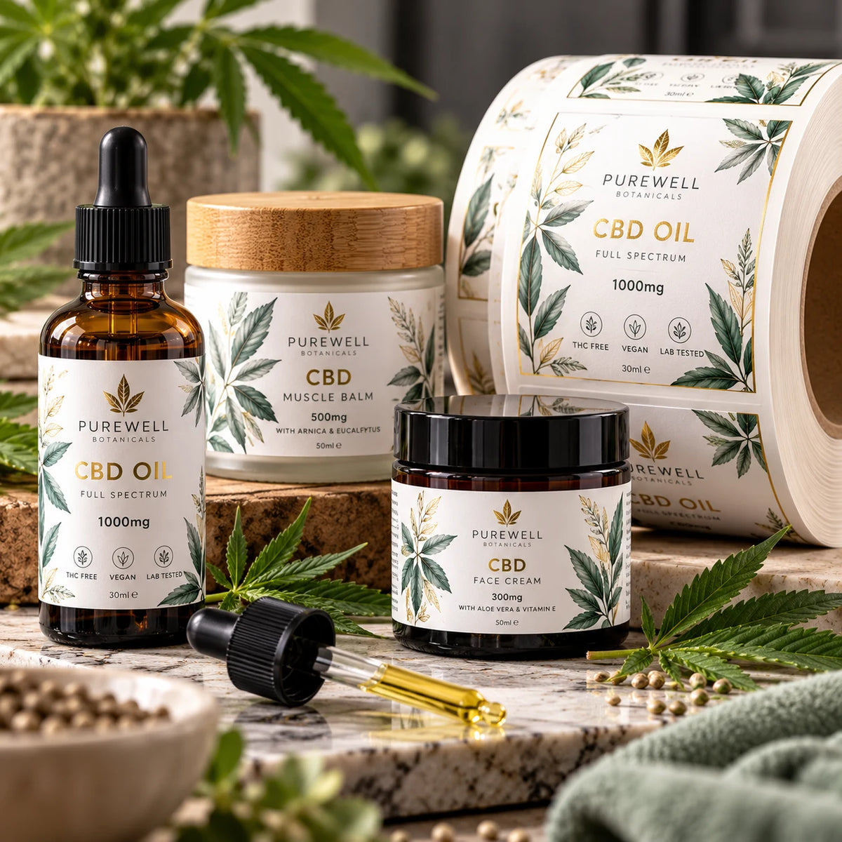 Premium custom printed CBD labels on rolls, featuring Purewell Botanicals CBD oil bottles, muscle balm and skincare jars with elegant green botanical designs and gold detailing.