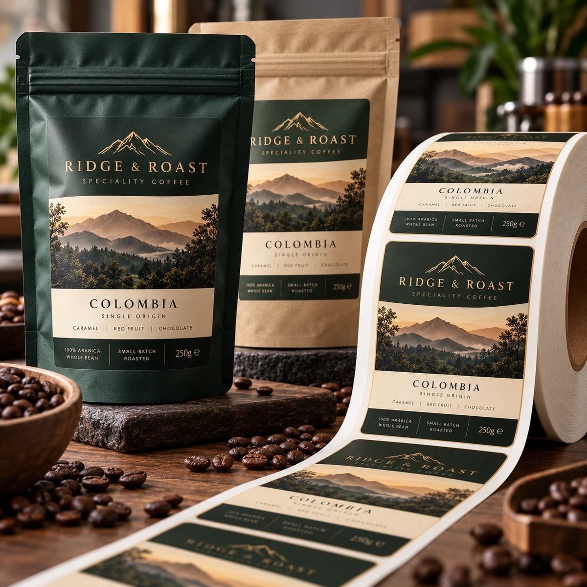 Premium coffee labels printed on a roll alongside matching Ridge & Roast coffee pouches, featuring a luxury green and gold Colombia single-origin design.