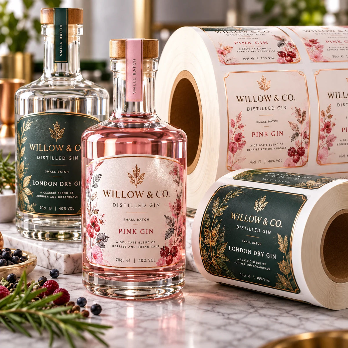 Premium custom printed gin bottle labels on rolls, featuring Willow & Co. pink gin and London dry gin bottles with elegant botanical designs and metallic gold detailing.