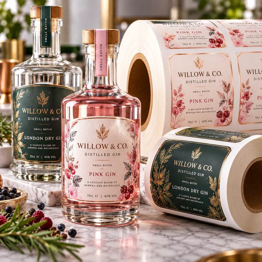 Premium custom printed gin bottle labels on rolls, featuring Willow & Co. pink gin and London dry gin bottles with elegant botanical designs and metallic gold detailing.