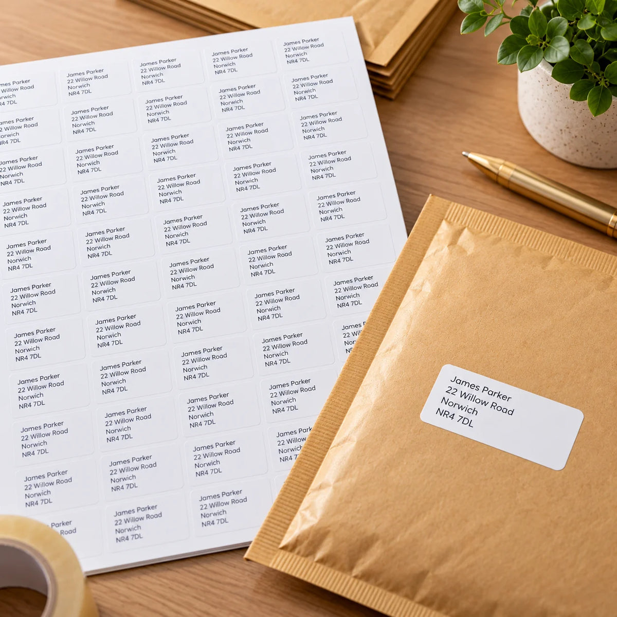 Printed return address labels on a sheet with a personalised address label applied to a kraft padded mailing envelope.