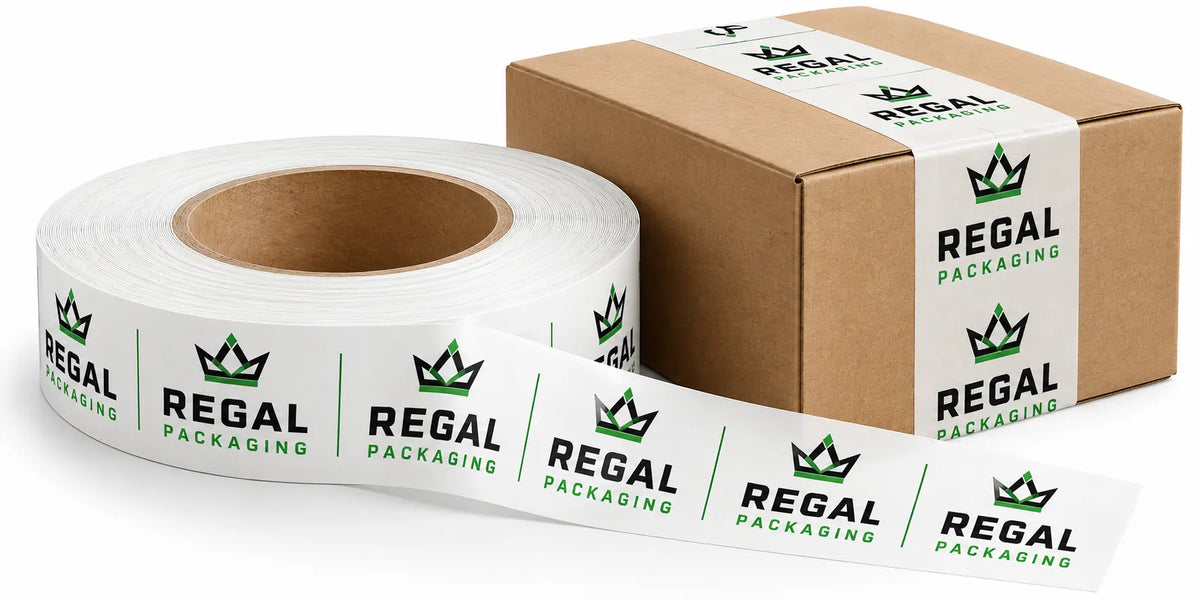 Regal Packaging custom printed machine tape in black and green shown on a large roll and sealing a cardboard box