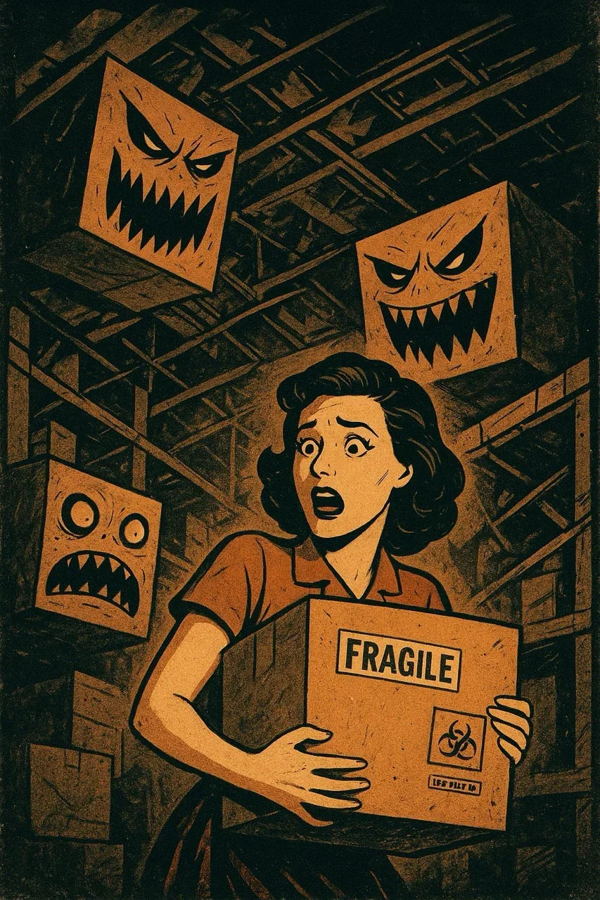 Woman in warehouse holding fragile box, surrounded by scary cartoon boxes with faces.