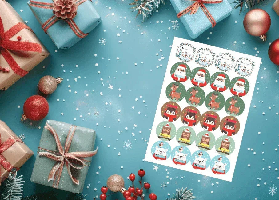 Sheet of round Christmas stickers with festive animal designs surrounded by holiday gifts