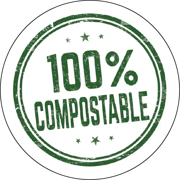 Round green sticker with 100% compostable text and stars, eco-friendly label design.