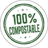 Round green sticker with 100% compostable text and stars, eco-friendly label design.