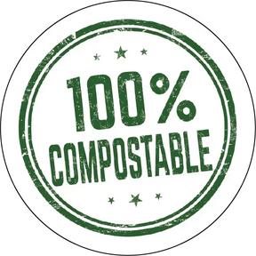 Round green sticker with 100% compostable text and stars, eco-friendly label design.