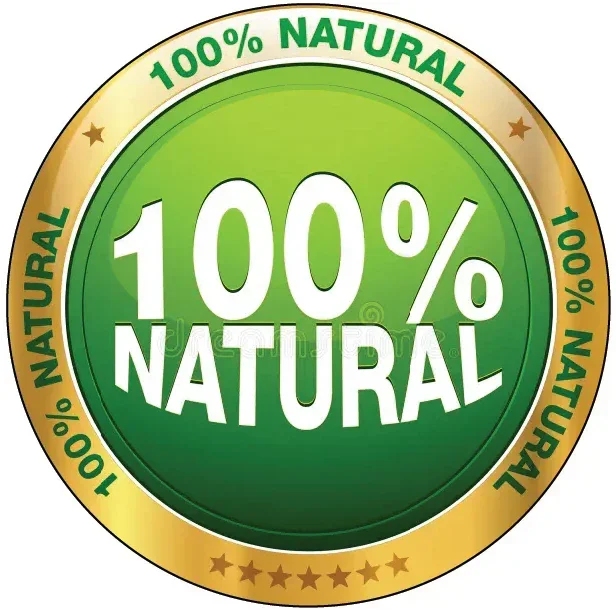 Green and gold label with '100% Natural' text on a white background