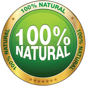 Green and gold label with '100% Natural' text on a white background