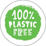 Green circle with '100% Plastic Free' text on a white background
