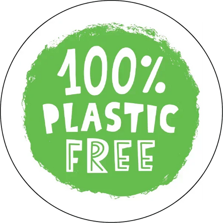 Green circle with '100% Plastic Free' text on a white background