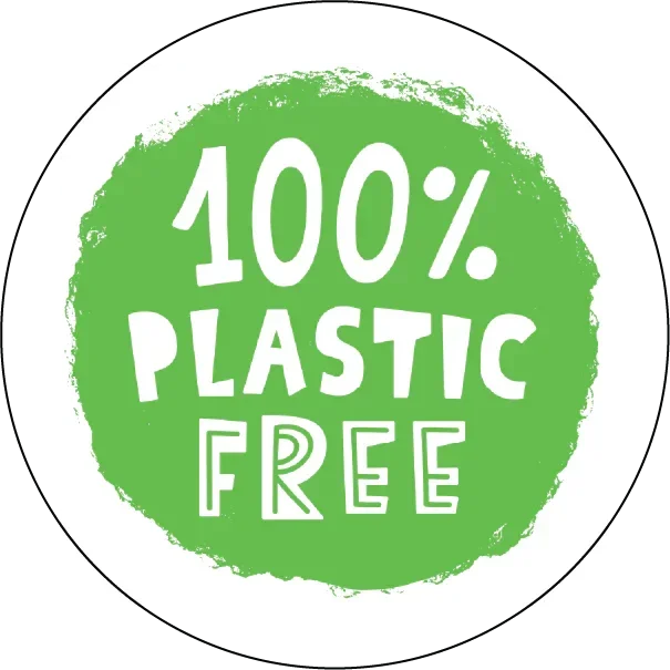 Green circle with '100% Plastic Free' text on a white background